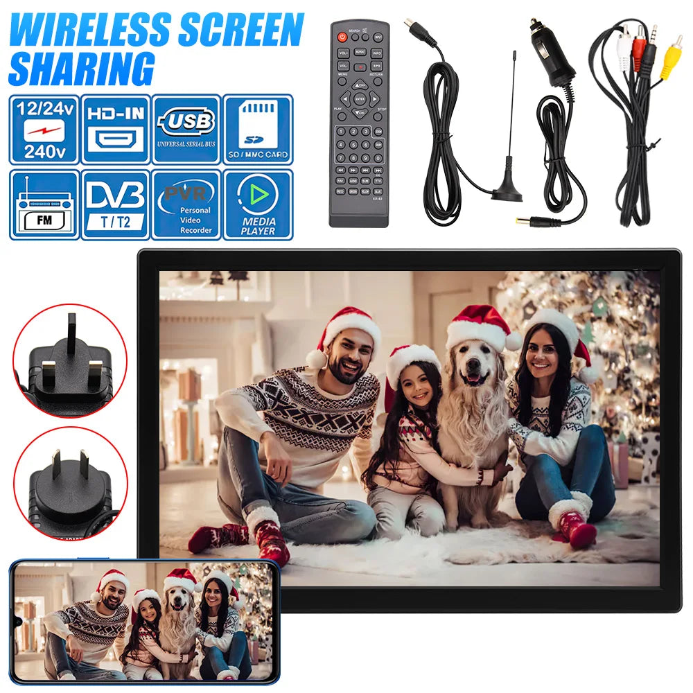 15.4" Portable Car TV Digital Television DVB-T2 ATSC ISDB-T Digital Analog TV Wireless Screen Share Miracast HDMI Video Player